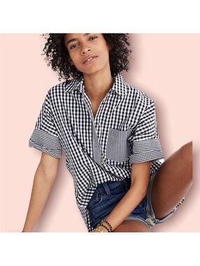Madewell Gingham-Play Button-Down Shirt Black and White Size Small